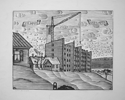 Кузминскис Йонас | (1906-1985). Строится дом. 1972 г. б., ксилография, 58 х 68.