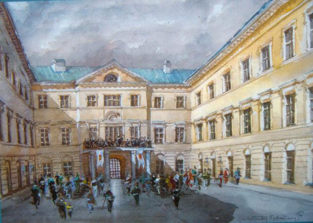 Габрюнас Витаутас. 1991 г. Ретроспектива двора дворца Ходкевичей. Лит. художеств. музей. Акварель, бумага. 22 x 36.