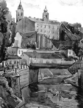 Шер Яков | (1890-1944). Мост Ужупе и больница Савичяус. Акварель.