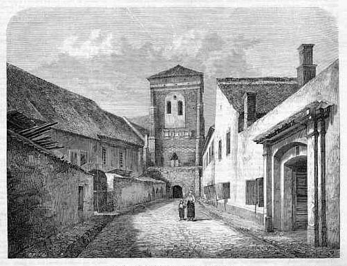 Нич Эдвард. Старая башня монастыря францисканцев. Гравюра.Гравюра выполнена по фотографии, добавлены фигуры людей: