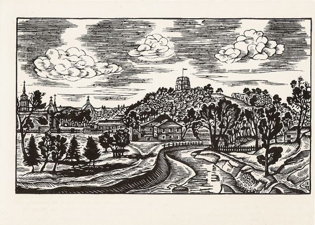 Кузминскис Йонас | (1906-1985). Вид из сада Молодежи. Обрезная гравюра. 1943 г.