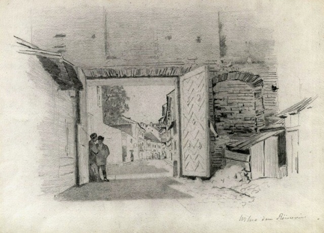 Альфред Рёмер (1832-1897). Ворота дома Рёмеров. XIX в. Бумага, карандаш. 27 x 36,3. (вид на ул. Савича).