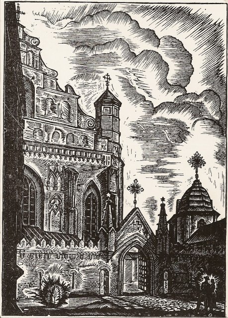 Кузминскис Йонас | (1906-1985). Костел Бернардинцев. Линогравюра. 1944 г.