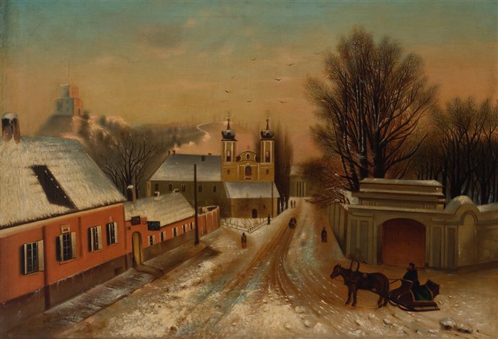 Лобинова М. Виленский костел Бонифратров и улица. Картина маслом, 1879 г. Возможно она написана на основании картины ниже: