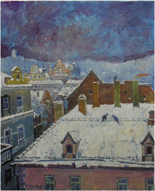 Мацконис-Мацкявичюс Ионас | (1922-2002). Baltieji  Vilniaus stogai. 1995. 60 x 50.