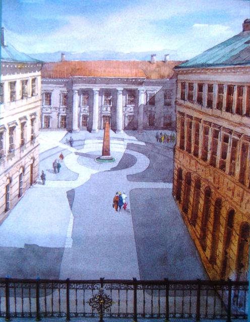 Габрюнас Витаутас. 1991 г. Ретроспектива двора дворца Ходкевичей. Лит. художеств. музей. Акварель, бумага. 22 x 36.