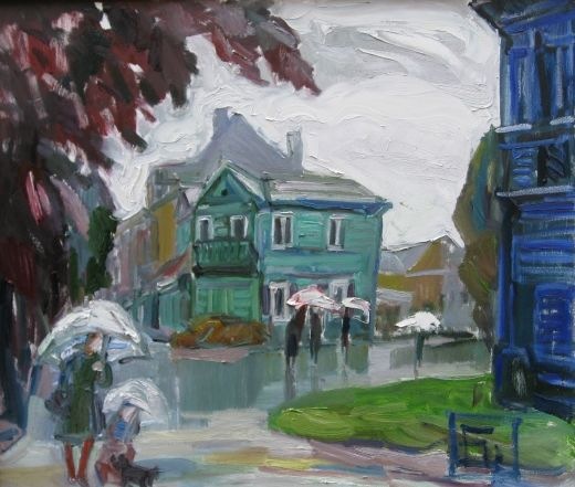 Линчюте-Вайтекунене Филомена. Акварель 520 x 441. "Дождь на улице Витауто".