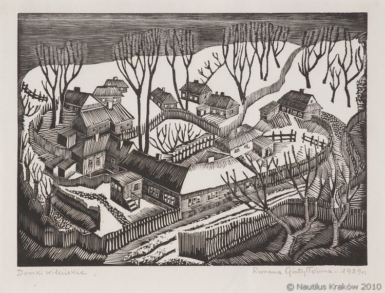 Гинтылло Романа | (1911-1988). Вильнюсские домики, 1939. Гравюра на дереве. 180 x 248.