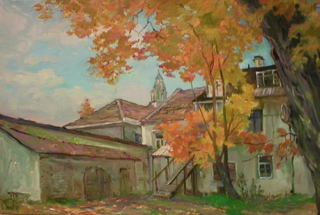 Тарасова Татьяна.  Виленский дворик. Художник, поэт, автор и исполнитель лирических песен.  Оформила спектакль «Биндюжник и король» в Русском драматическом театре Литвы.