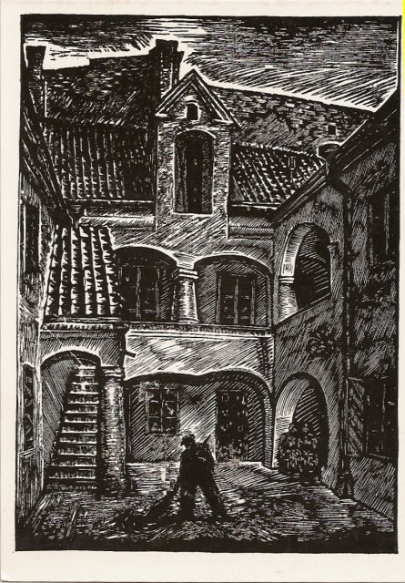 Кузминскис Йонас | (1906-1985). Дворик жилого дома по ул. Горького. Обрезная гравюра.