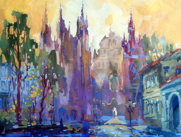 Короленков Вячеслав Вениаминович. Костел. Бумага/акварель, гуашь 40 x 50. 1990 г.