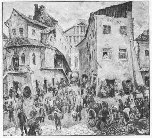 Лабковский Давид | (1906-1991). "Блошинный рынок возле Большой синагоги", 1947. Гуашь, картон.