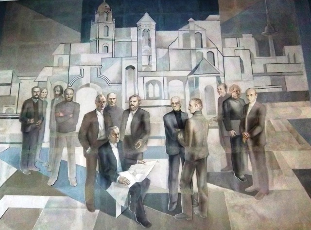 Янкаускас А. Фреска "Архитекторы". 1983 г. Лица рисовали Г.Умбрасас, А.Ионика. Фреска создана для Союза архитекторов (Департамент развития города) пр. Гедимино, 34. В 2009 году перенесена в Музей техники и энергетики ул. Ринктинес, 2.  На фреске изображены: К.Р.Баленас,  Б.Касперавичене, К.Пямпе, Ч.Мазурас, Г.Валюшкис, В.Бредикис, Г.Баравикас,  А.Насвитис, В.Насвитис, А.Янкаускас, Г.Рамунис, В.Бальчюнас, с чертежом - В.Чеканаускас.