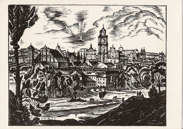 Кузминскис Йонас | (1906-1985). Костелы Бернардинцев и Св. Янов. Линогравюра. 1943 г.