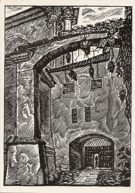 Кузминскис Йонас | (1906-1985). Университетский дворик. Линогравюра. 1947 г.