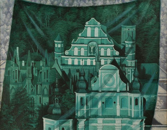 Сафронов Никас. "Театр ночного Вильнюса в зелёных тонах".