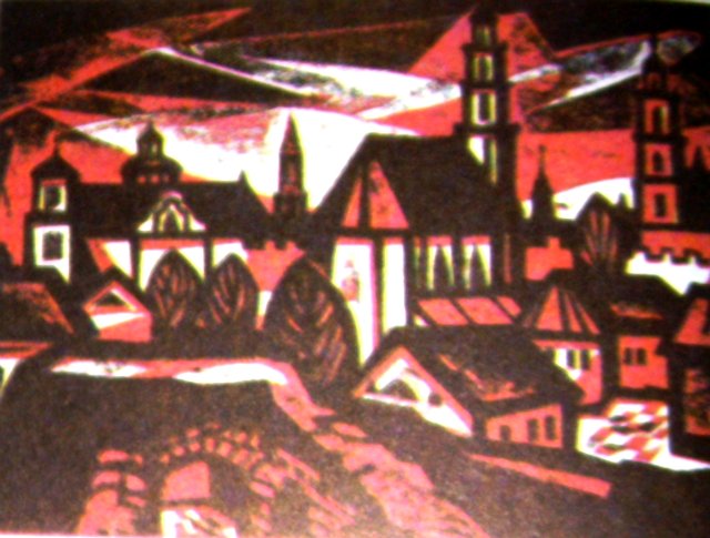 Лёлис Йонас. Вильнюс от улицы Субачяус. 1966 г. Резьба по картону.