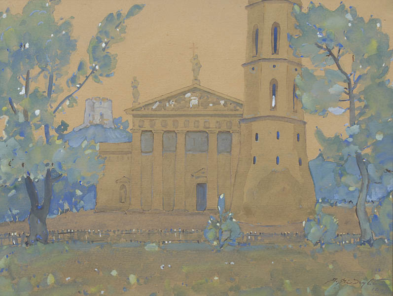 Мендзыблоцкий Адам | (1883-1956).  Widok na katedrę Wileńską, 1945 Akwarela, papier; 22 x 29 w świetle.