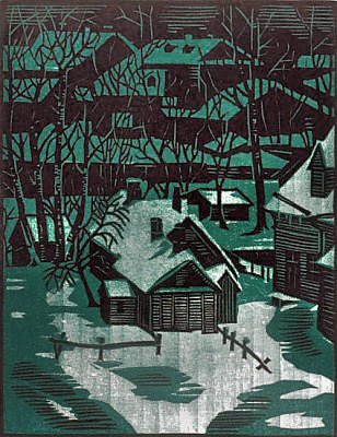 Кучиньский Эдвард | (1905-1958). Вильнюс. Пригород, Погулянка. 1935 год. Цветная гравюра на дереве, размер 16,5.