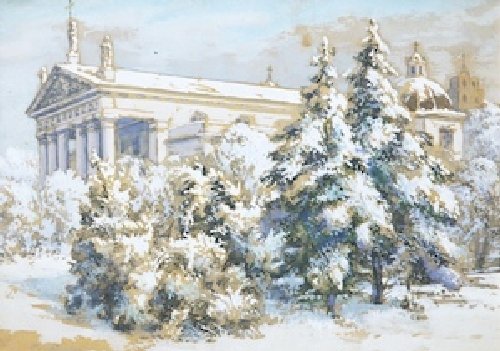 Ян Гинтовт-Дзевалтовский. Кафедральный собор зимой. Бумага, гуашь 20 x 29.
