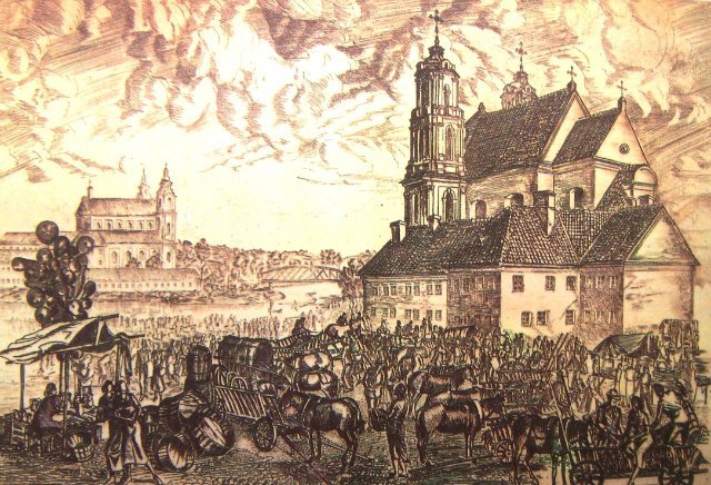 Жуковский С. Ярмарка Казюкаса на площади Лукишкес. 1939 г. Офорт.Похоже, здание костёла повёрнуто по отношению к Зелёному мосту.