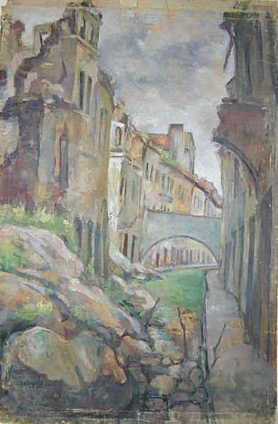 Лабковский Давид | (1906-1991). "Вильнюсское гетто", 1947. Гуашь, бумага.