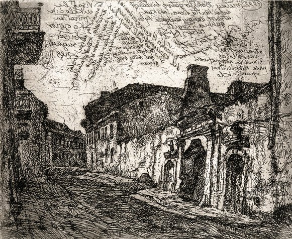 Репшис Пятрас. Улица Бокшто. 1992 г. Офорт. Из цикла а "Старый Вильнюс".