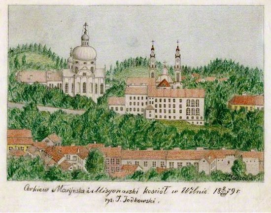 Иодковский И. Костёл Миссионеров и костёл и монастырь визиток (тогда - православный женский монастырь). Бумага, цв. карандаш. 19 x 28,4. 1879 г.