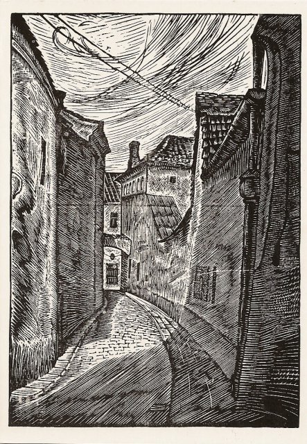 Кузминскис Йонас | (1906-1985). Переулок Пилес. Линогравюра. 1947 г.