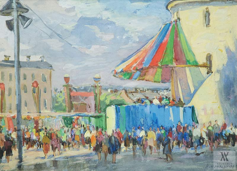 Медведев Иван. 1950 г.  Празднично украшенная площадь. (Часовня Кафедрального Собора). Картон, акварель. 28,5 х 40.