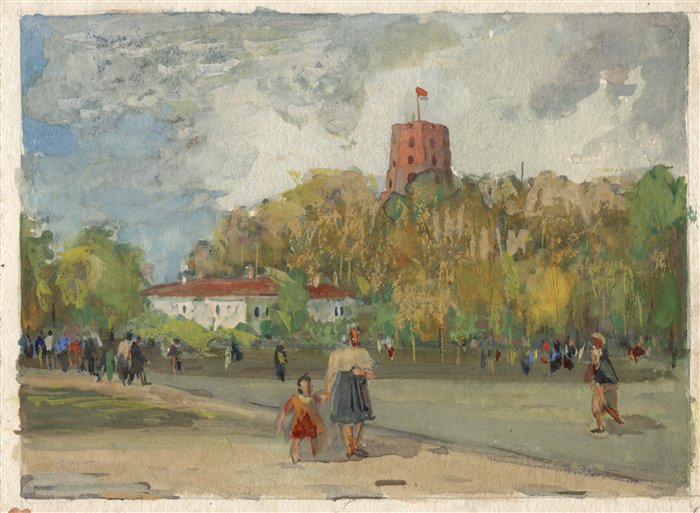 Медведев Иван. Башня Гедиминаса. Проект открытки. 1957 г. Картон, акварель.