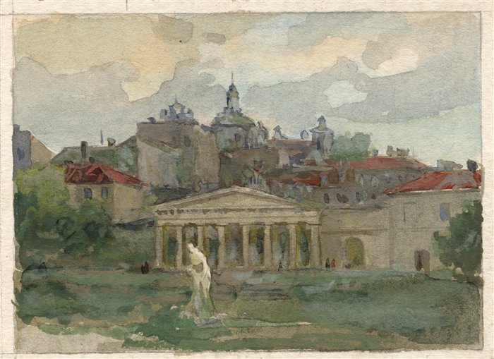 Медведев Иван. Двор Президетского дворца. Проект открытки. 1957 г. Картон, акварель.