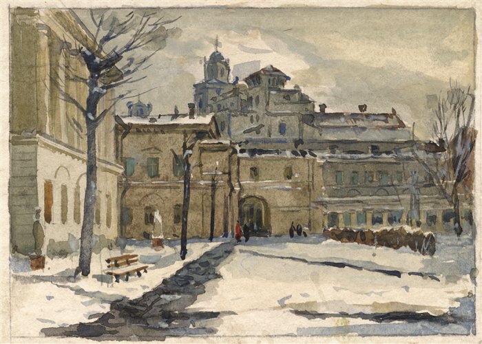 Медведев Иван. Двор Президетского дворца. Проект открытки. 1957 г. Картон, акварель.