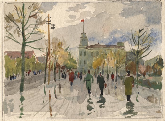 Медведев Иван. Проспект Ленина. Проект открытки. 1957 г. Картон, акварель.