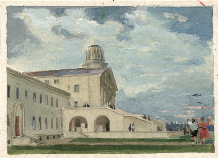 Медведев Иван. Здание вильнюсского аэропорта. Проект открытки. 1957 г. Картон, акварель.