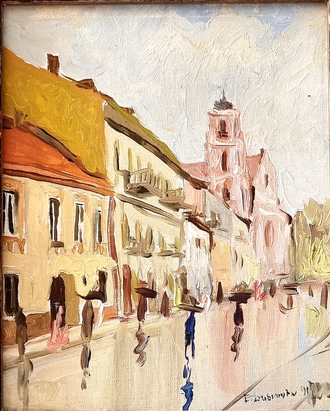Дубровин Е. Дождливый день, улица Руднинку. 22 x 18. Картон, масло.