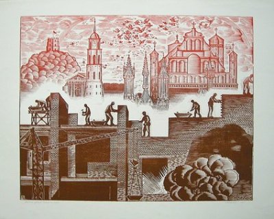 Кузминскис Йонас | (1906-1985). Вильнюс строится. 1977 г. б., цв.ксилография, 62 х 93.