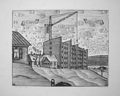 Кузминскис Йонас | (1906-1985). Строится дом. 1972 г. б., ксилография, 58 х 68.
