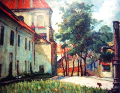 Лейбовский Моисей. Фрагмент костёла францисканцев в Вильно. Нач. ХХ в. Моисей Лейбовский родился в Новогрудке в 1876, умер в Виленским гетто в 1942/43 г. Живописи учился в Париже. В межвоенное время жил и работал в Вильно, открыл частную школу живописи. Был председателем Союза еврейских художников.