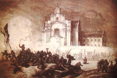 Хоппен Ежи | (1891-1969). Ботажники возле костёла Св. Георгия. Офорт. 1934 г.