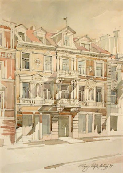 Мачюлите Вилия. Дом сигнатаров на ул. Пилес. (1999). 52 x 32. Akvarelė.