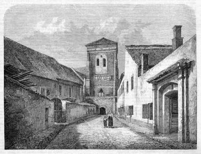 Нич Эдвард. Старая башня монастыря францисканцев. Гравюра.Гравюра выполнена по фотографии, добавлены фигуры людей: