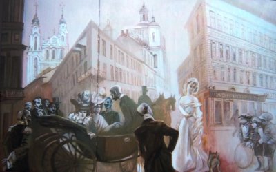 Круопис Саулюс. Прибытие важных гостей в гостиницу "Европа". 2009 г. холст, масло, 190 х 145.
Ретро живопись.