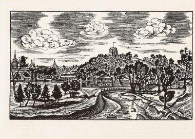 Кузминскис Йонас | (1906-1985). Вид из сада Молодежи. Обрезная гравюра. 1943 г.