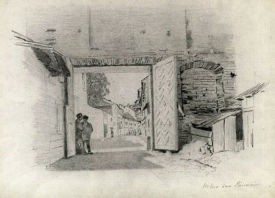 Рёмер Альфред (1832-1897). Ворота дома Рёмеров. XIX в. Бумага, карандаш. 27 x 36,3. (вид на ул. Савича).