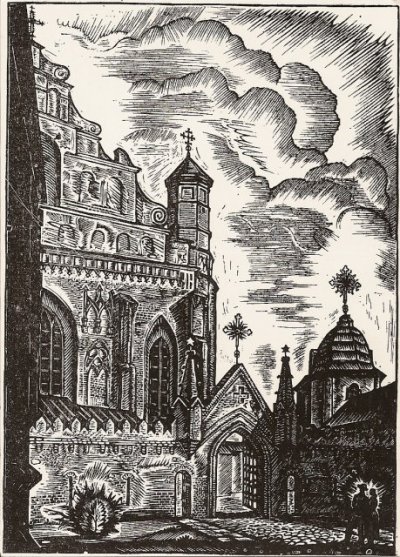 Кузминскис Йонас | (1906-1985). Костел Бернардинцев. Линогравюра. 1944 г.