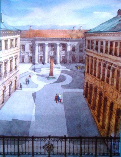 Габрюнас Витаутас. 1991 г. Ретроспектива двора дворца Ходкевичей 2. Лит. художеств. музей. Акварель, бумага. 22 x 36.