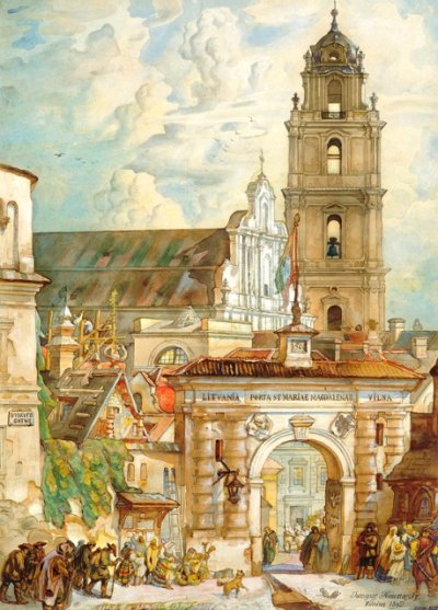 Камараускас Юозас. 1892 год. Ворота Марии Магдалены (Мокрые). Акварель, карандаш, картон наклеен на холст. 60,5 x 50,5. По некоторым данным ворота Марии Магдалены находились в районе ул. L.Gucevičiaus, Šventaragio, Universiteto. Совсем рядом с изображёнными на акварели. (Большой университетский двор П.Скарги).