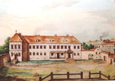 Янушевич Мартелий. Акварель. 1840 г. Воспитательный дом "Иисуса-Младенца" (Vaikelio Jezaus vaikų prieglaudos pastatas). Построен в 1787-91 г. арх. Августином Косаковским (1737-1803)