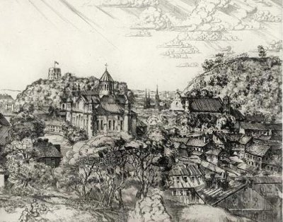 Лагаускас Ляонас | (1928-2010). Панорама старого Вильнюса 1. 1971 г. Офорт.